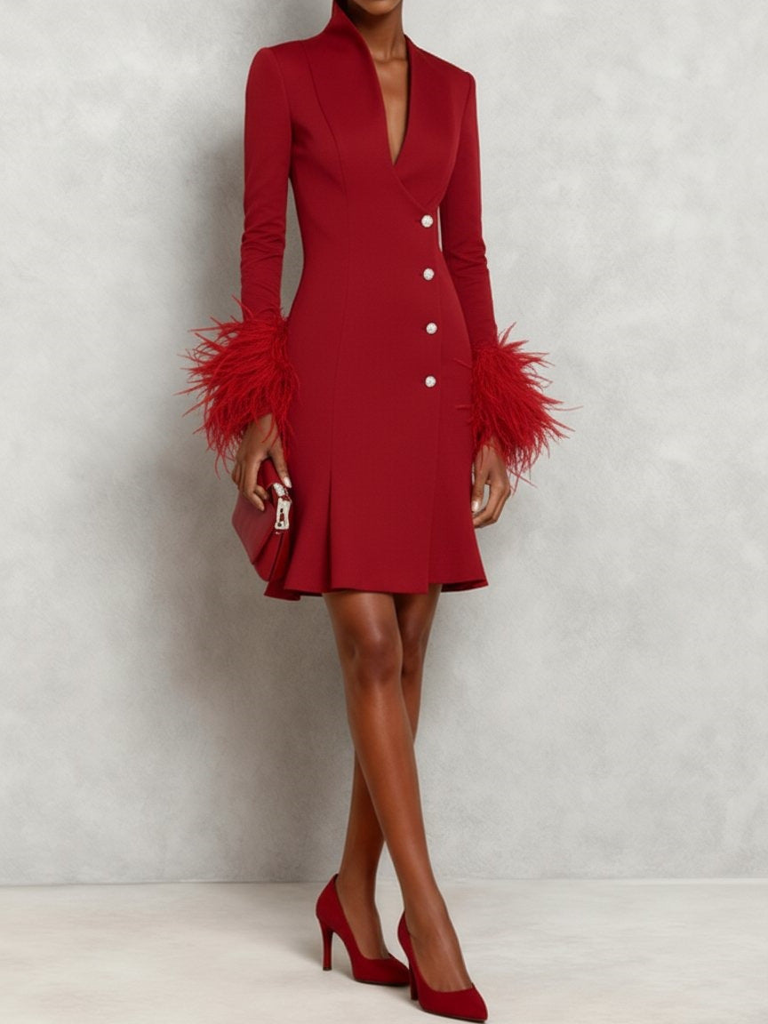 Women's Spring & Fall Pure Color V-Neck Feather Decorated Long-Sleeved Fashionable Elegant Ladylike Style Slim Dress
