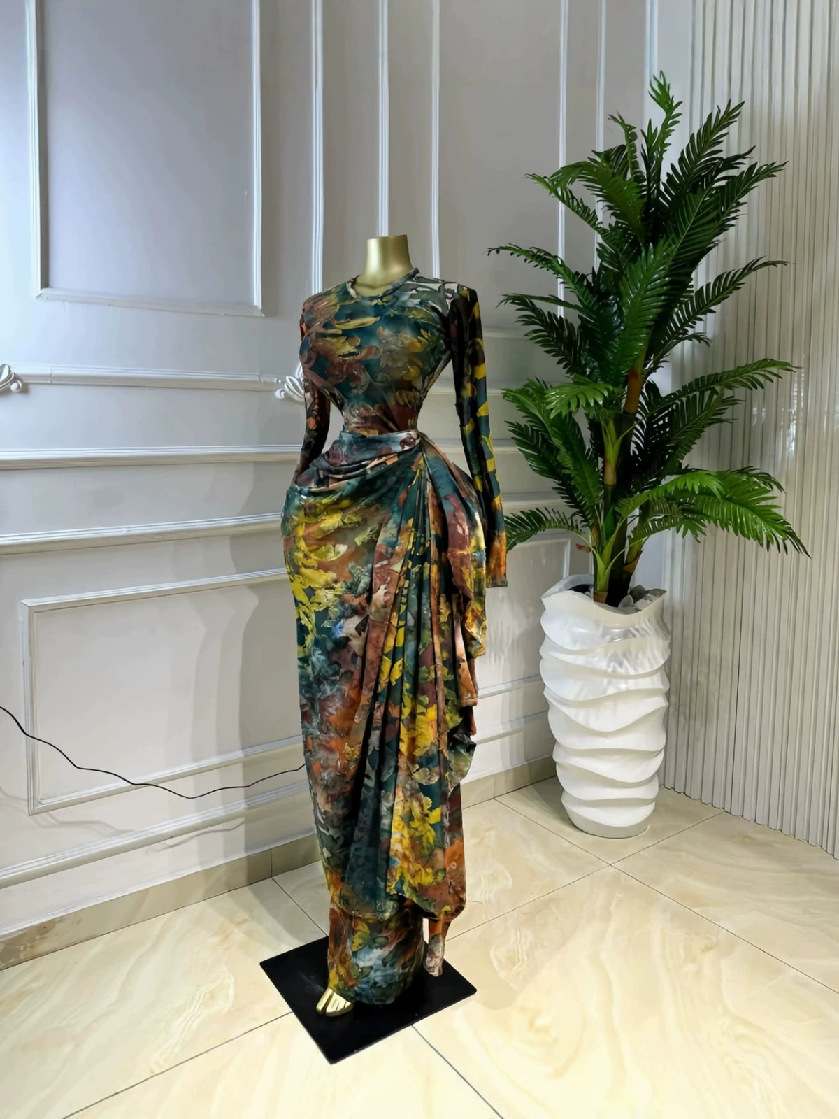 In-Stock 2026 Spring/Summer Cross-Border Ins European and American Style Printed Long Sleeve Ruched Dress Elegant Vacation Long Dress