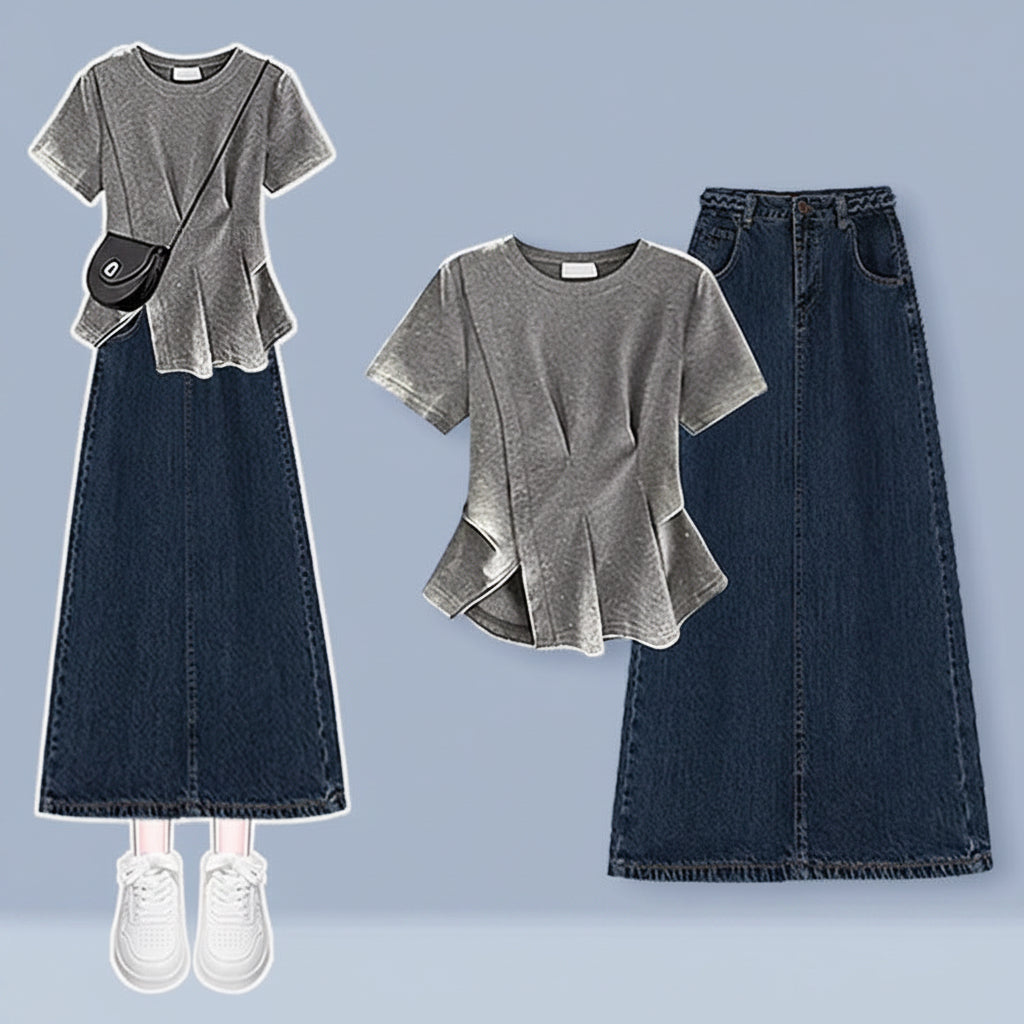 Plus-Size Summer Lazy Style Outfit for Women, Unique Casual T-Shirt Paired with Slimming Retro Denim Skirt Two-Piece Set
