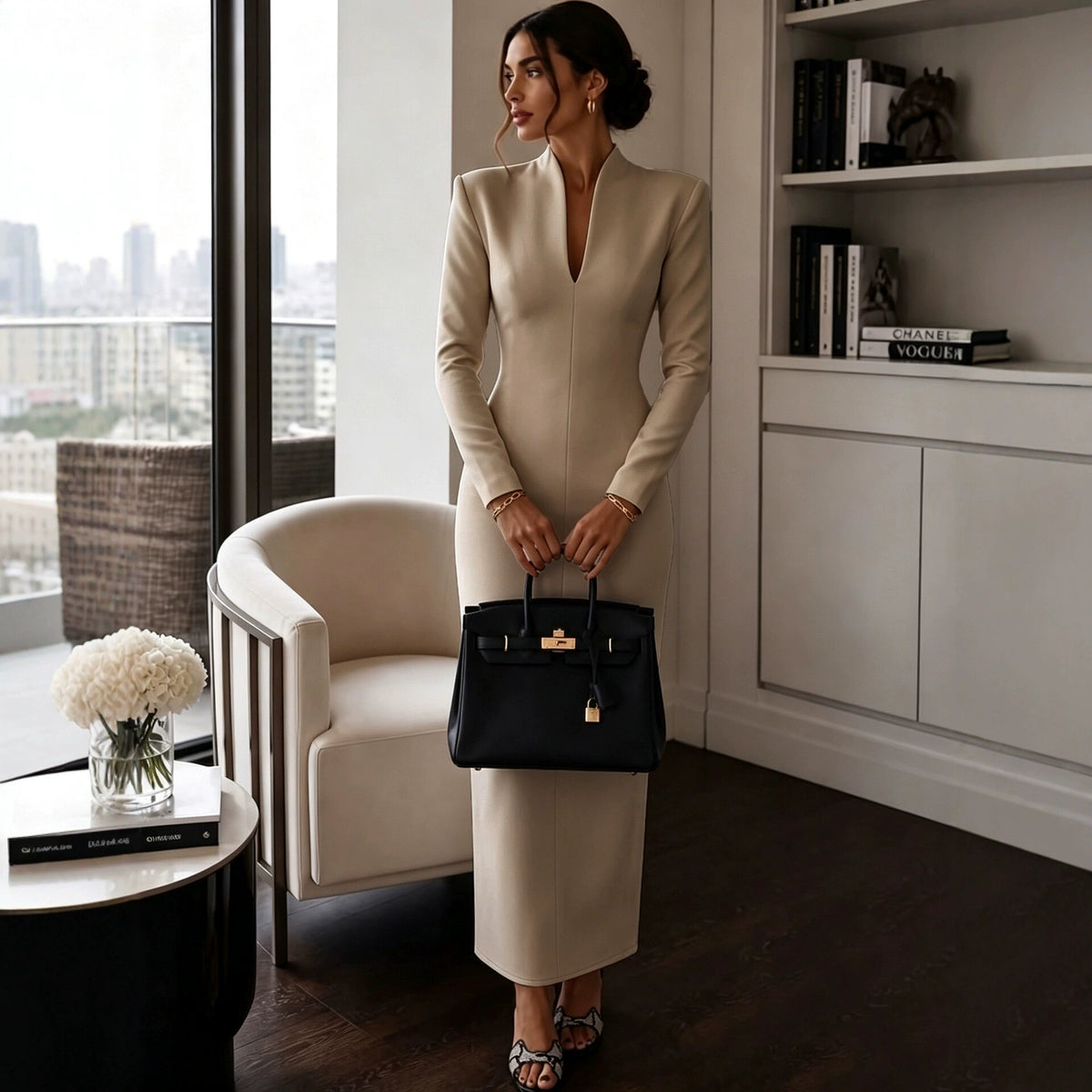 2026 Amazon Independent Station Cross-Border Stand Collar V-Neck Long Sleeve Waist-Cinching Bodycon Dress Gown Light Luxury