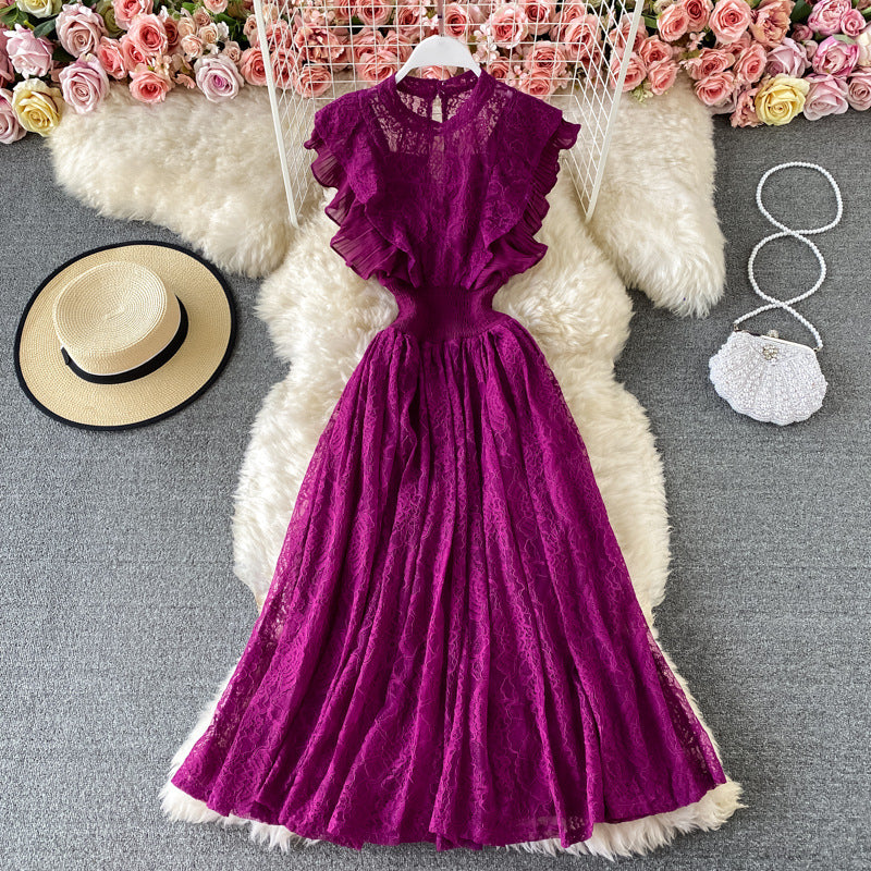 Free Shipping Spring and Autumn Lace Crewneck Dress Long-Sleeved Fashionable Slim-Fit Slimming Elegant Ruffled Long Dress