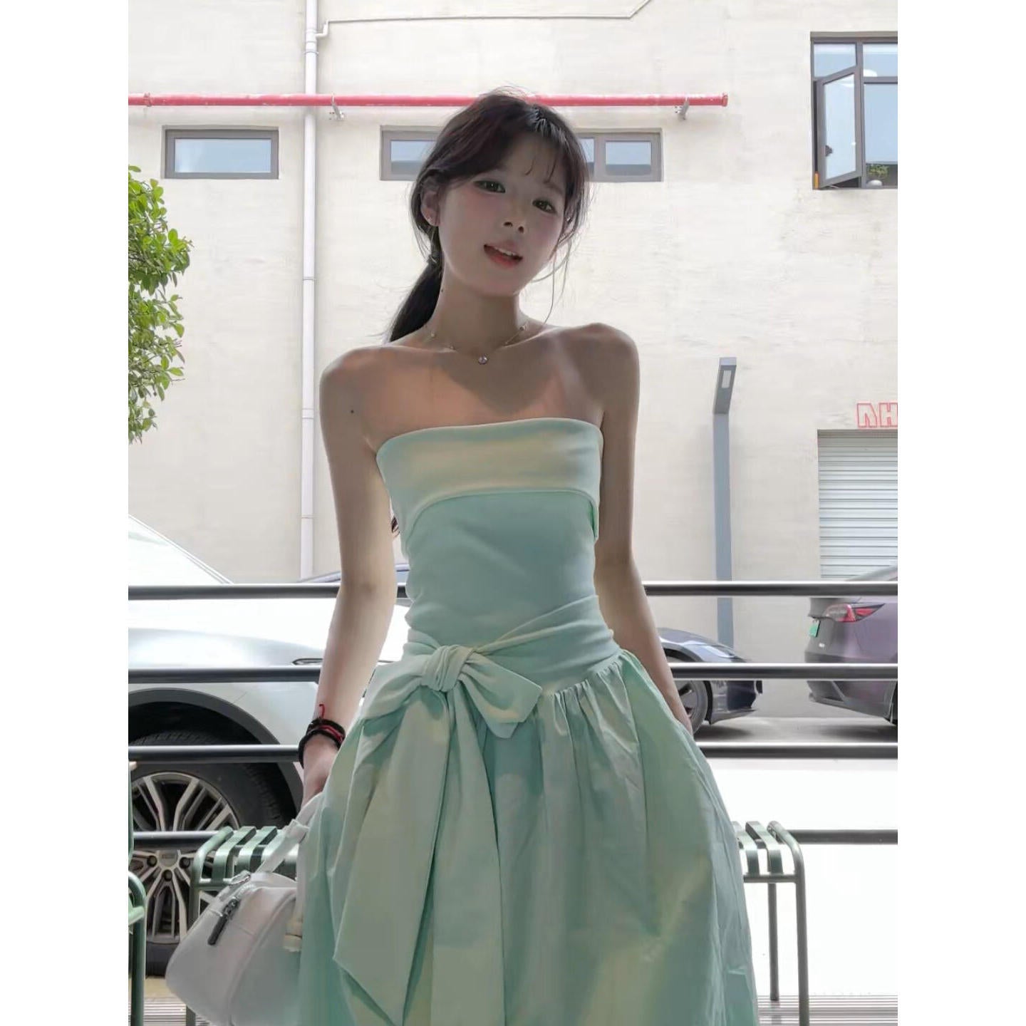 Design Sense dress 2025 Summer New French Style Elegant Bow Waist Pleated Mid-length Strapless Skirt