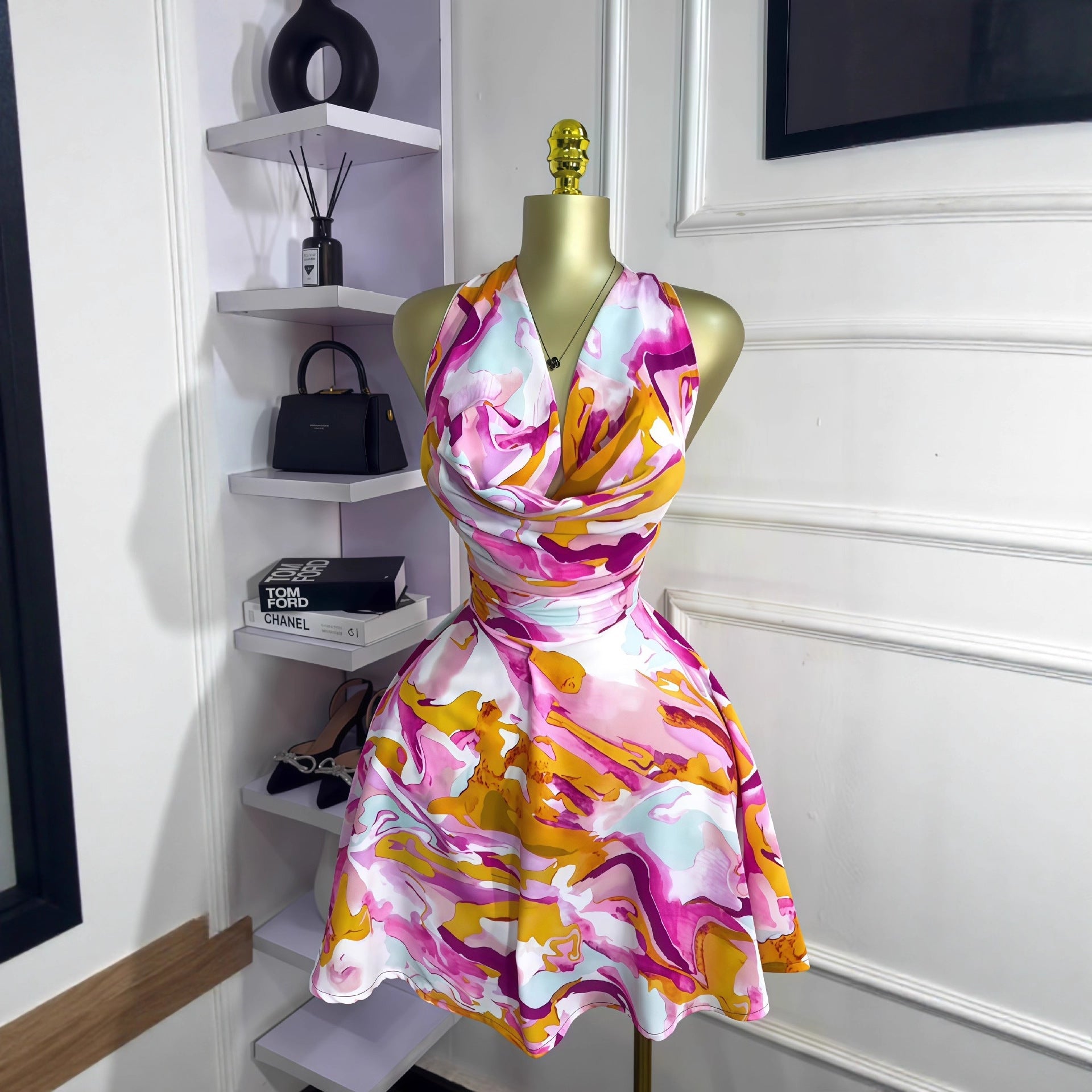 European and American Cross-Border Women's Clothing 2025 New Autum Sleeveless Swing Collar Waist Strap Elegant Printed Short Dress