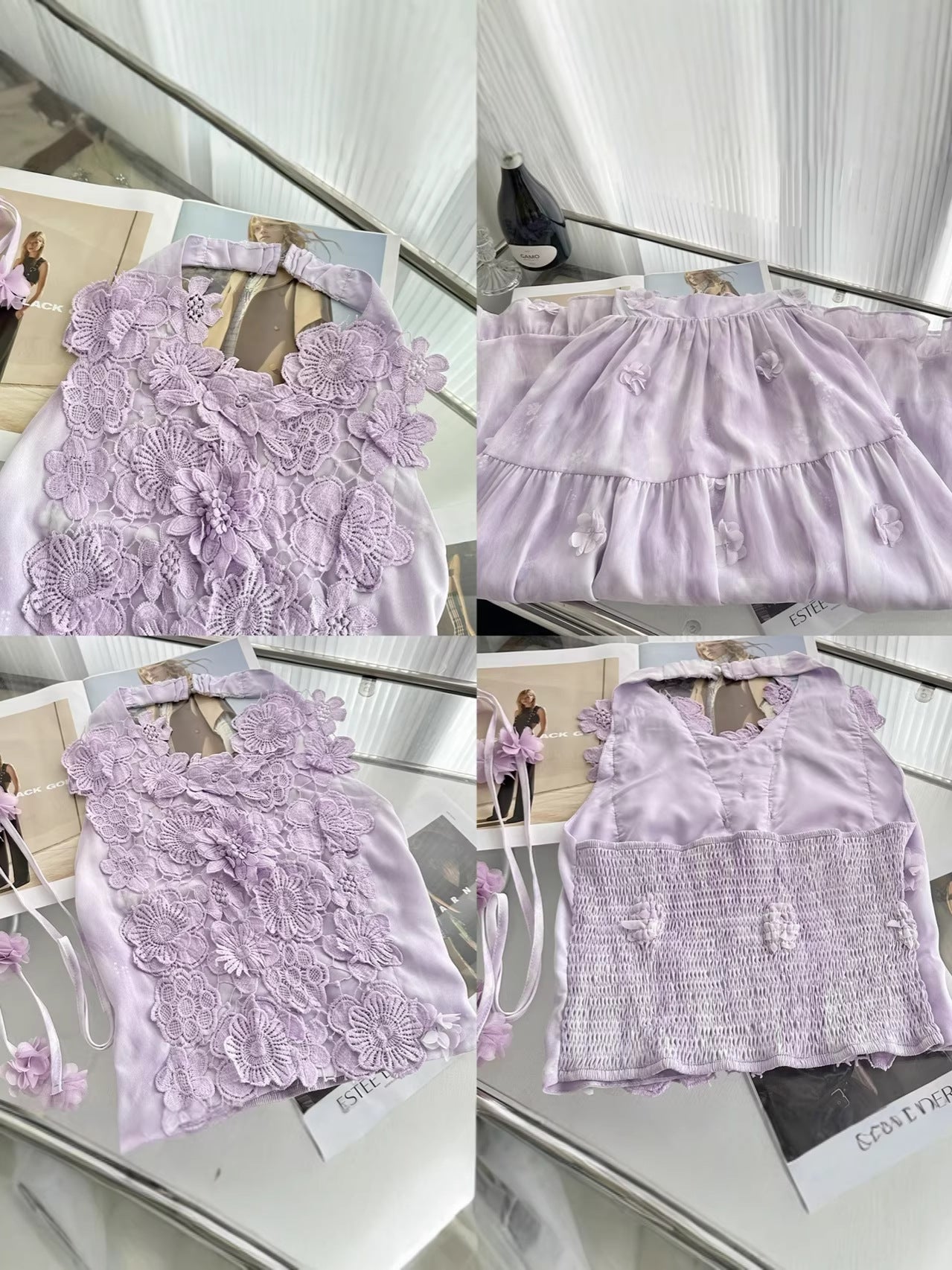 "Xinxing" Summer Slightly Tipsy Rosemary Purple Gradient Three-Dimensional Floral Lace Halter Top and Skirt Two-Piece Set