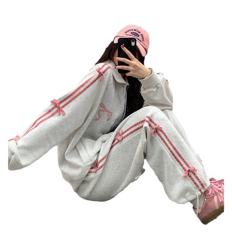 Hua Mian Academy Style Early Spring Wear Set 2024 New Bow Sports Casual Sweatshirt Coat Women's Straight Pants