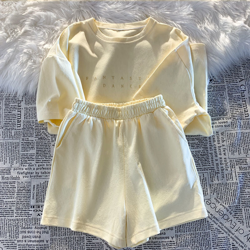 Cotton Casual Sports Suit for Women Summer New Style Student Versatile Loose Fashion Outer Wear Short-sleeved Shorts Two-piece Set Trendy