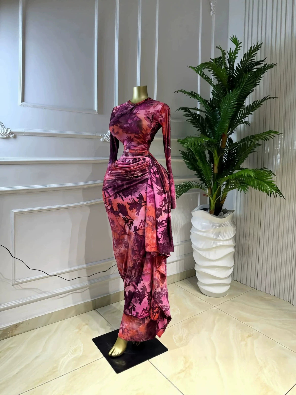 In-Stock 2026 Spring/Summer Cross-Border Ins European and American Style Printed Long Sleeve Ruched Dress Elegant Vacation Long Dress