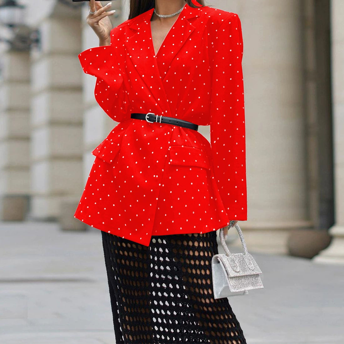 Fd1456 in Stock 2025 Spring New Cross-Border Fashion Elegant Polka Dot Lapel Long-Sleeve Blazer Suit Jacket