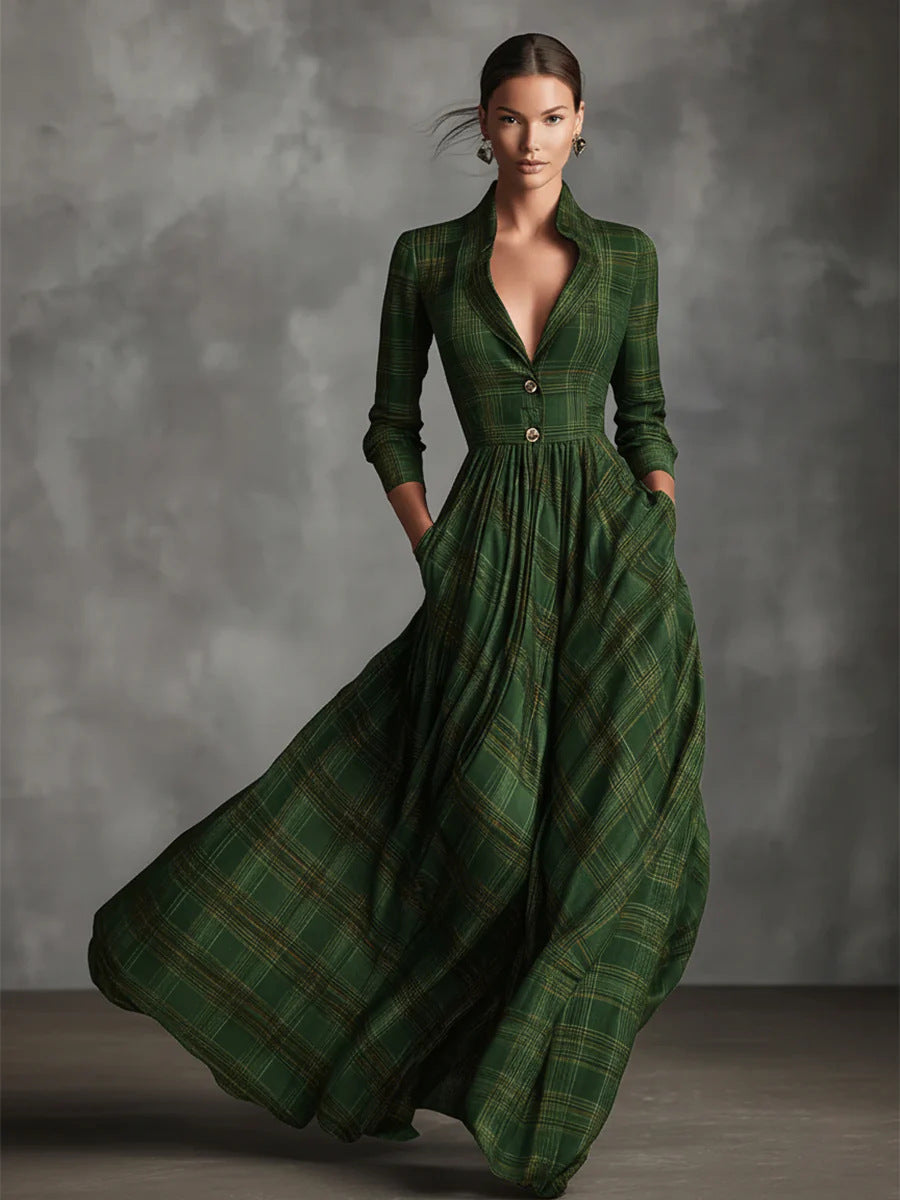 2025 Cross-Border European and American Clothing Autumn and Winter Retro Plaid Long Skirt with Elegant Elegant V Neck French Style Dress