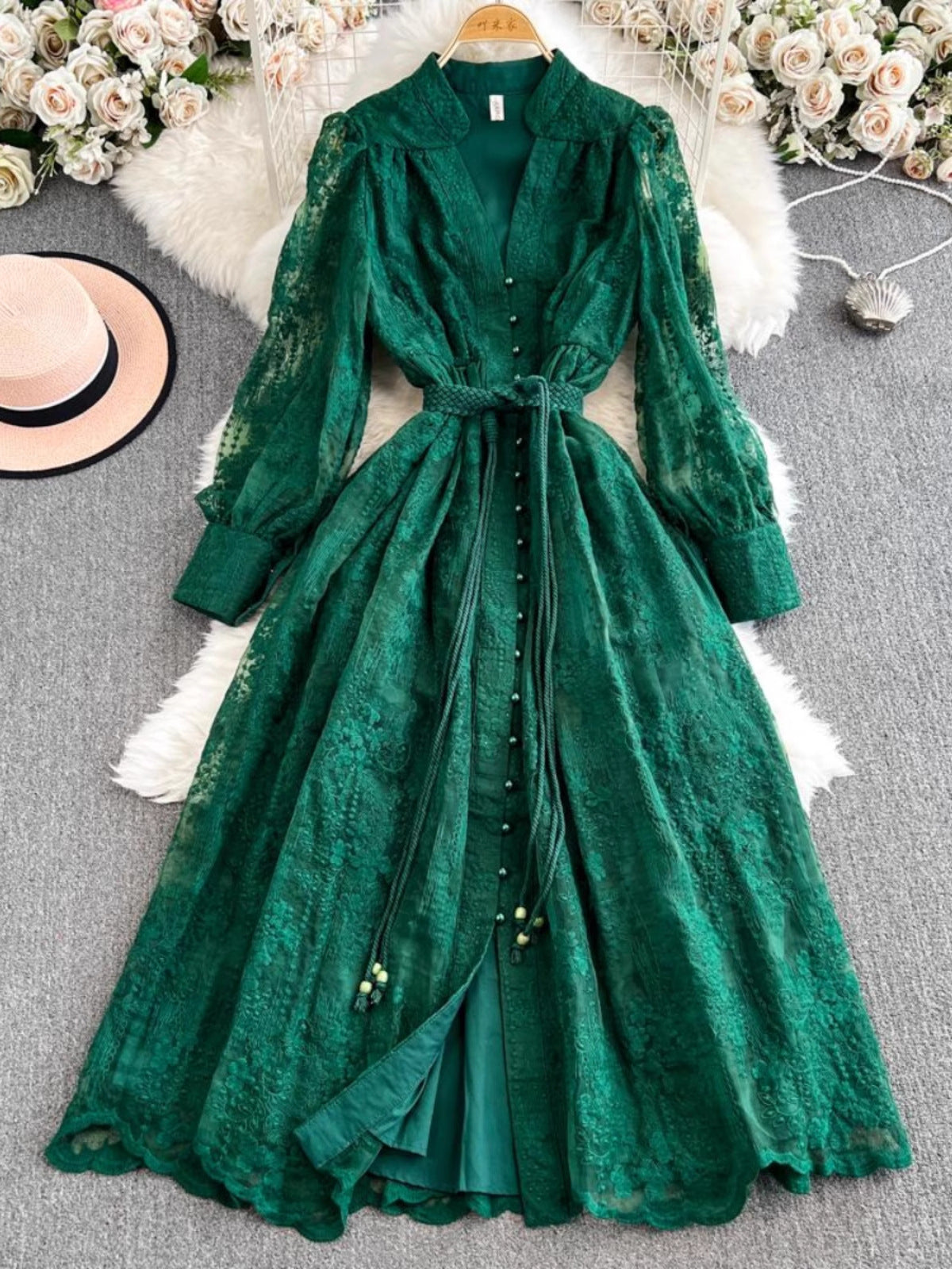 Cross-Border Export Women's Dress 2025 Autumn and Winter Waist-Cinching Heavy Embroidery V Neck Lantern Sleeve Single-Breasted Long Skirt