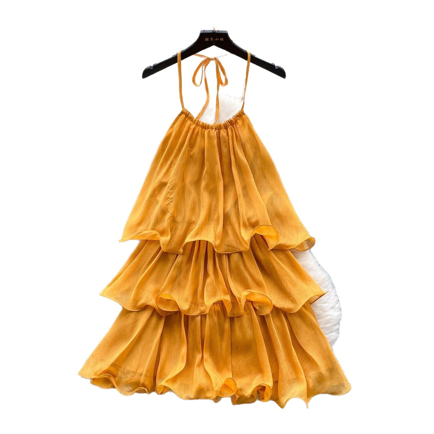 Yellow Dress for Women 2025 Summer French Atmosphere Halterneck Suspender Ruffle Stitching Cake Holiday Skirt