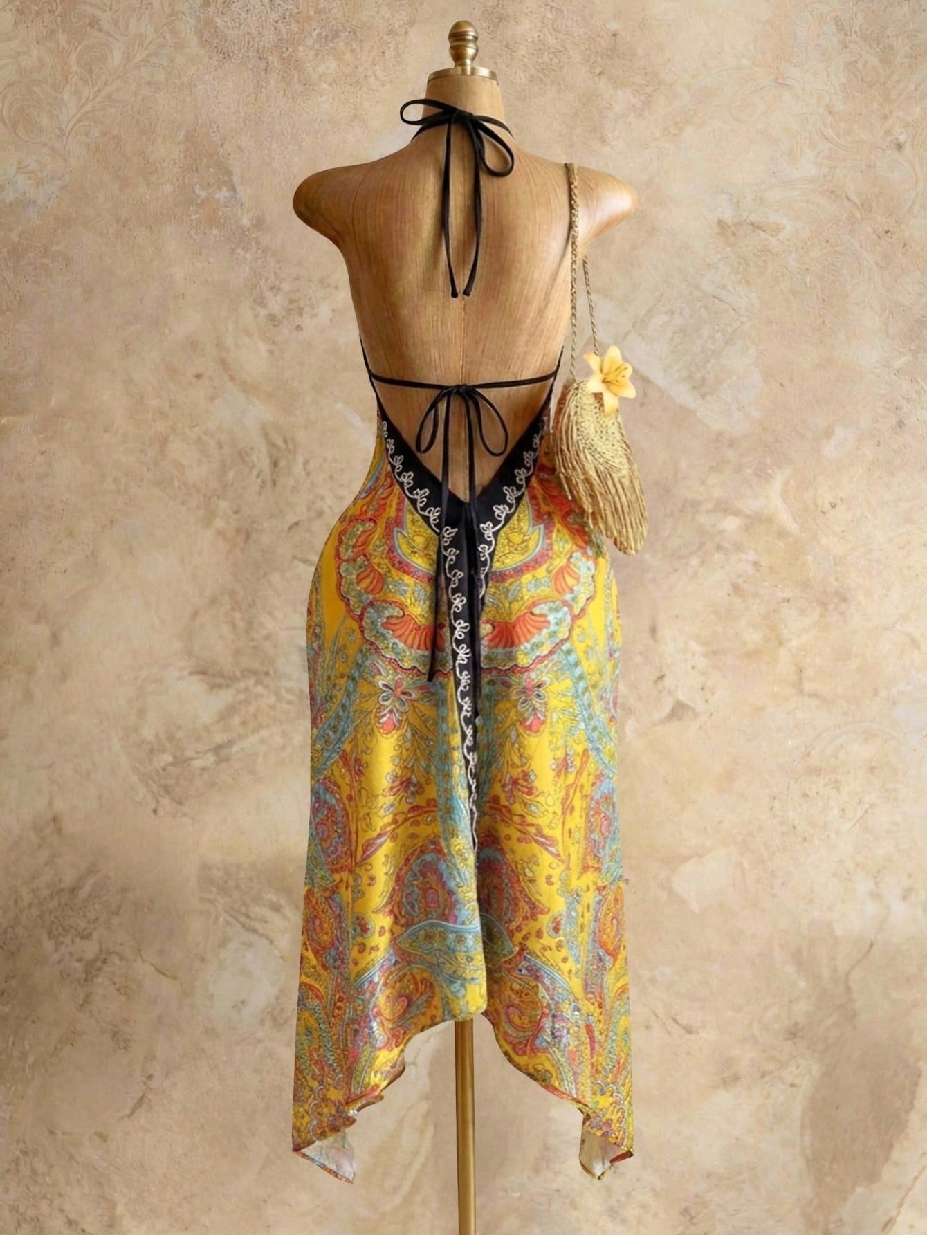 Retro Bohemian Style Suspender Deep V-Neck Long Dress High-Waisted Printed Summer Seaside Backless Dress Sexy