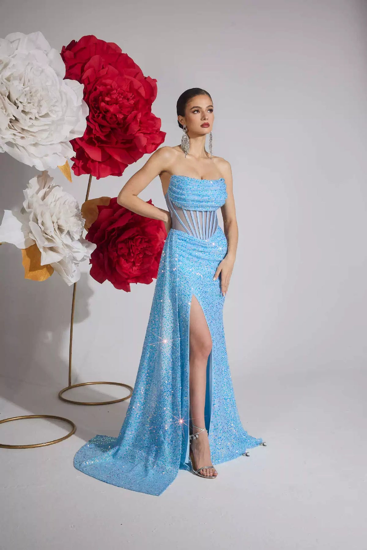 New Sequined Tube Top Slimming Look Evening Dress High Slit Model Catwalk Banquet Accessible Luxury Party Dress