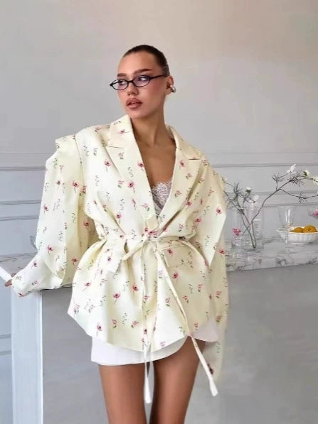 Cross-Border European and American Women's Clothing 2026 Summer New Style Elegant Commuter Casual V-Neck Tie Shoulder Pad Long-Sleeve Blazer for Women