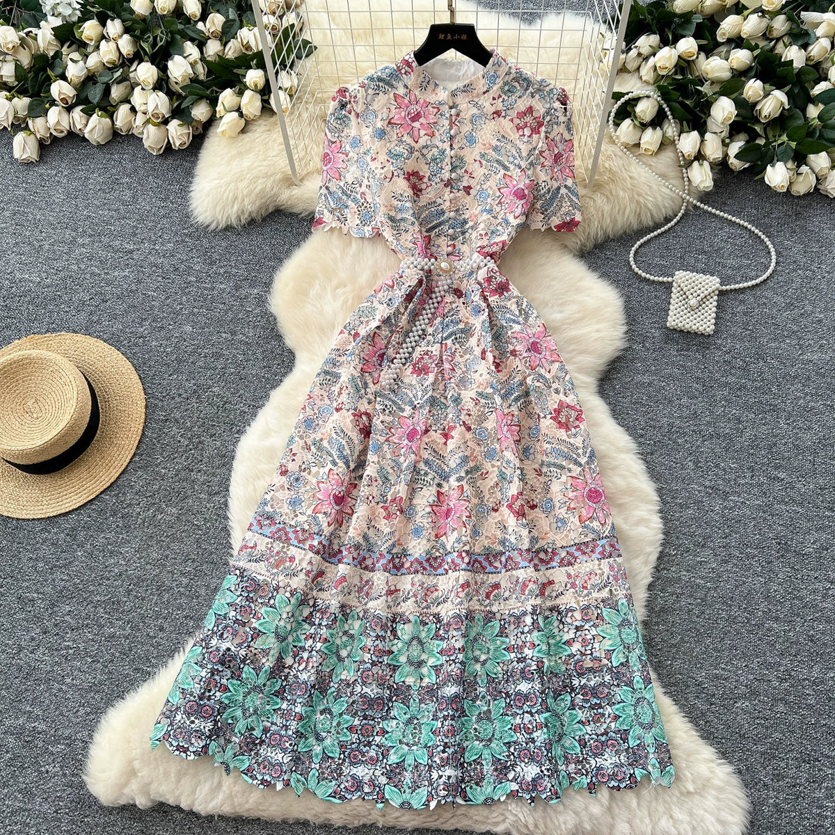 Cross-Border Style Elegant Dress for Women with a High-End Feel, Tie-Waist, Five-Quarter Sleeves, Hollow-Out Crochet Lace, Printed Large Hem Long Dress
