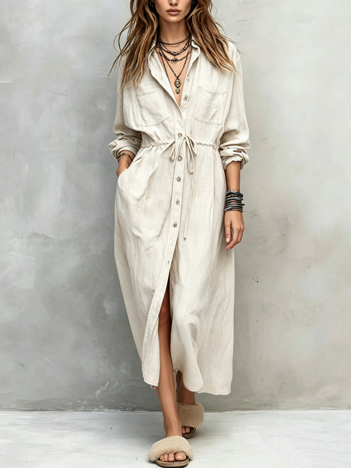 2026 Spring and Autumn Collection Independent Store Amazon European and American Casual New Drawstring Waist Shirt Dress Loose Dress