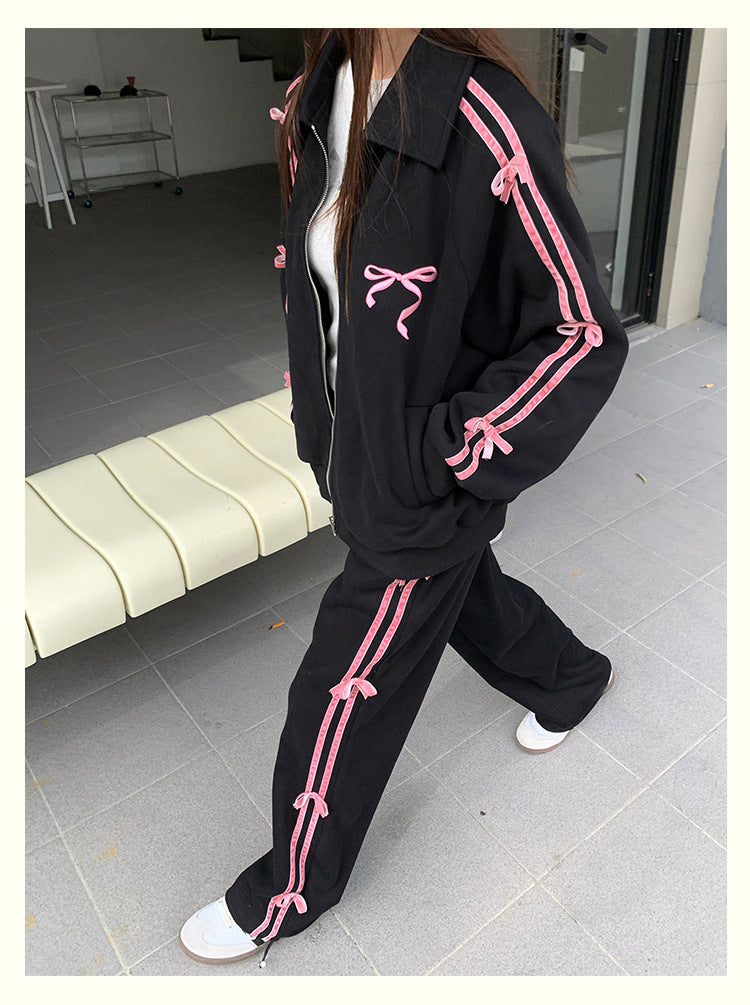 Hua Mian Academy Style Early Spring Wear Set 2024 New Bow Sports Casual Sweatshirt Coat Women's Straight Pants