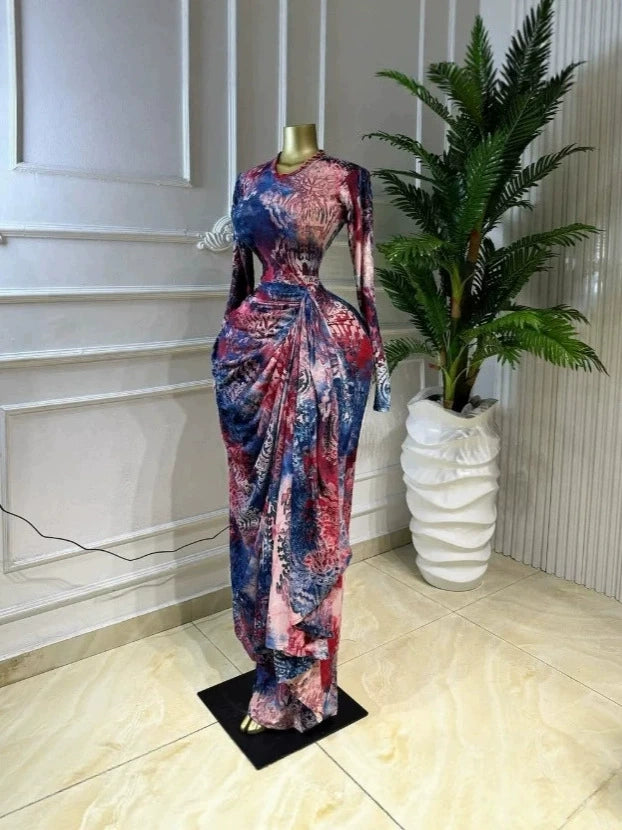 In-Stock 2026 Spring/Summer Cross-Border Ins European and American Style Printed Long Sleeve Ruched Dress Elegant Vacation Long Dress