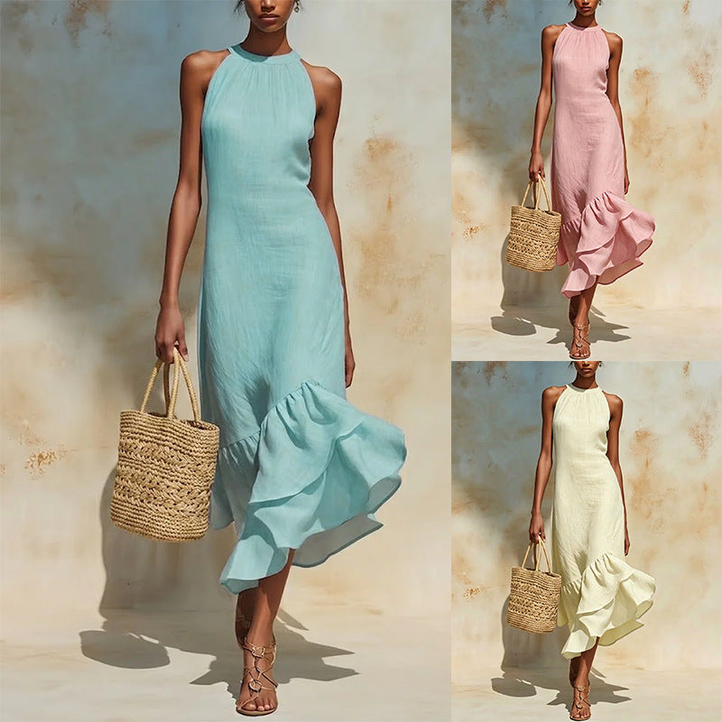 Disney-Inspired 2026 Summer European-Style Sleeveless Linen-Cotton Maxi Dress with Irregular Ruffle Fishtail Hem