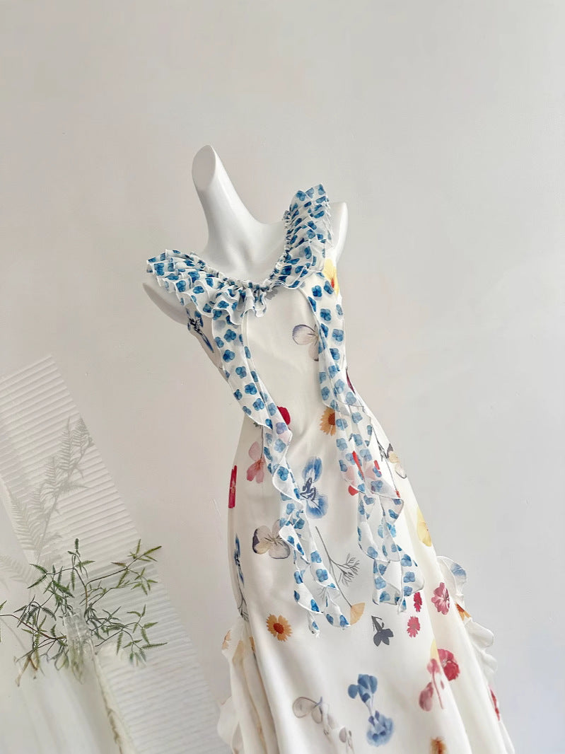 『Xin Xing』A Sweet Peach Yikett Garden Print Dress for Women, a Beautiful Dopamine Mini Dress for Summer