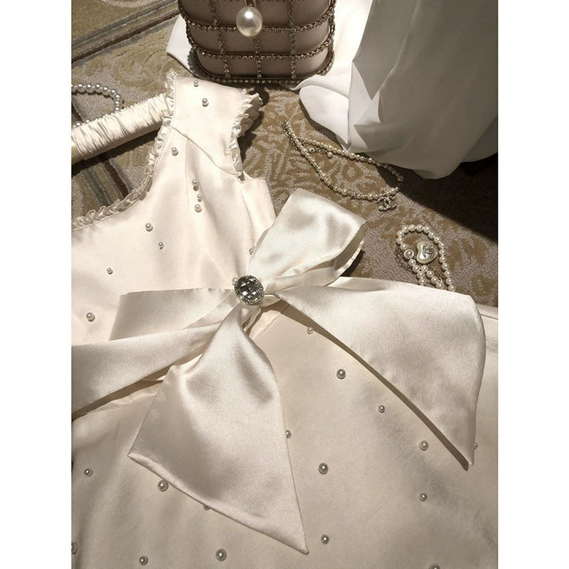 French High-End Light Luxury Pearl Bow Diamond Dress Women's Summer Temperament Princess Waist Puffy Skirt