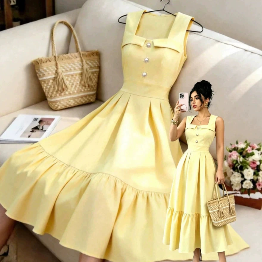2026 New European and American Style Cream Yellow Square Neck Sleeveless Dress with Pearl Buttons, Waist-Cinching and Pleated Mid-Length Skirt