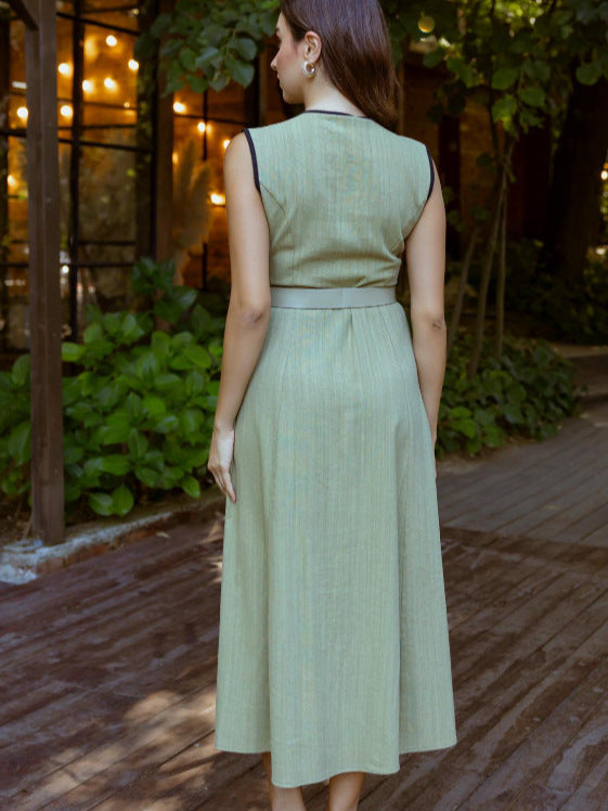 2025 Cross-Border European and American Fashion Hot Style Deep V Neck with Belt Sleeveless Long Dress