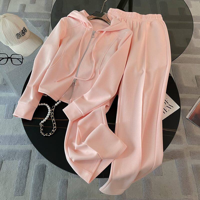 Elegant Casual Sports Suit for Women, Spring and Autumn Thin Style, Slim-Fit Long-Sleeve Hooded Sweatshirt, Wide-Leg Pants, Two-Piece Running Set