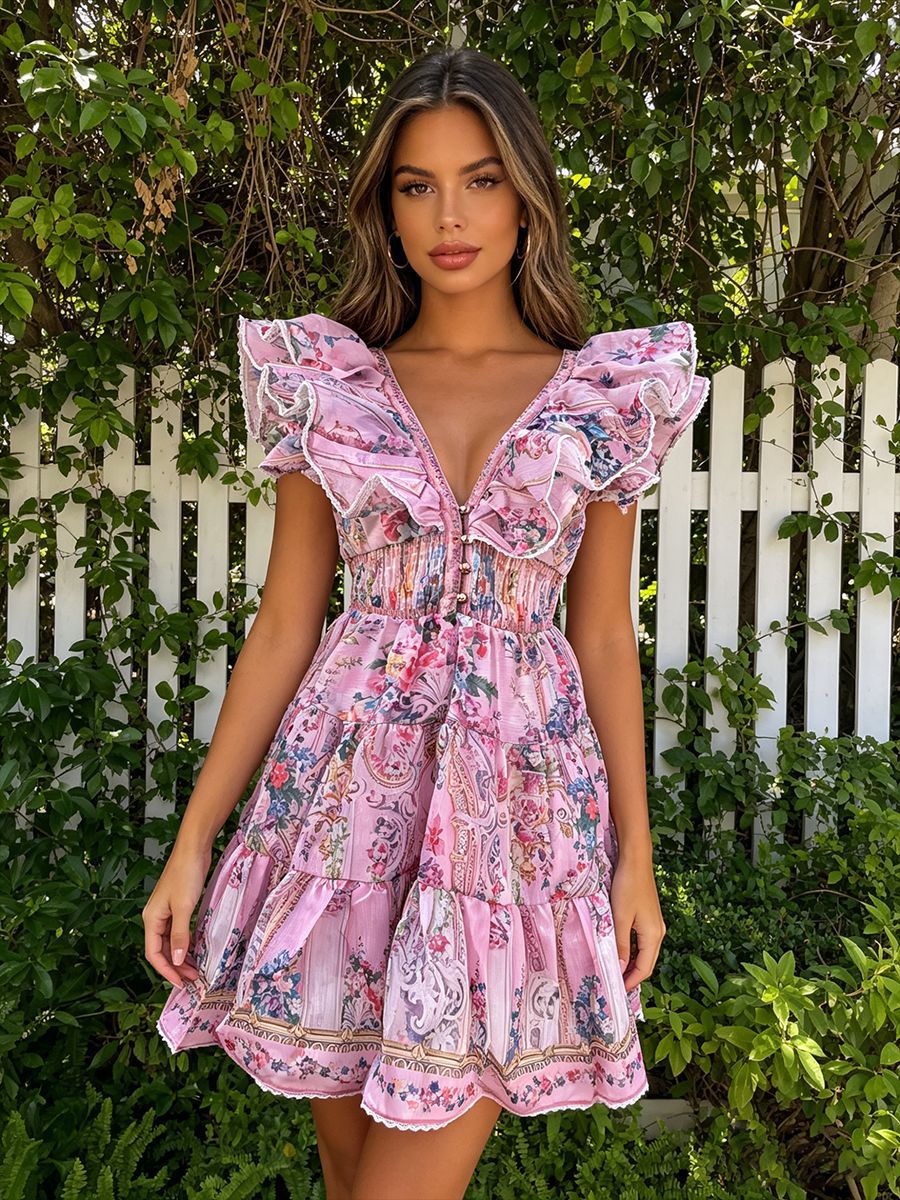 French-Style Elegant Flutter-Sleeve Short Dress 2026 Autumn New High-End Printed Patchwork Deep V-Neck Dress for Women