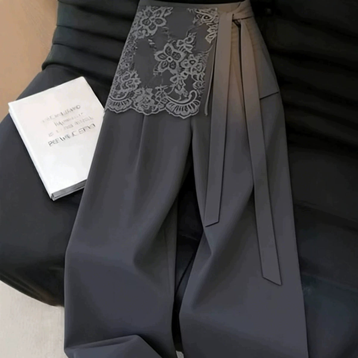 Gray Faux Two-Piece Lace-Trimmed Suit Pants for Women, 2026 Summer Trendy New Korean Style High-End Wide-Leg Pants