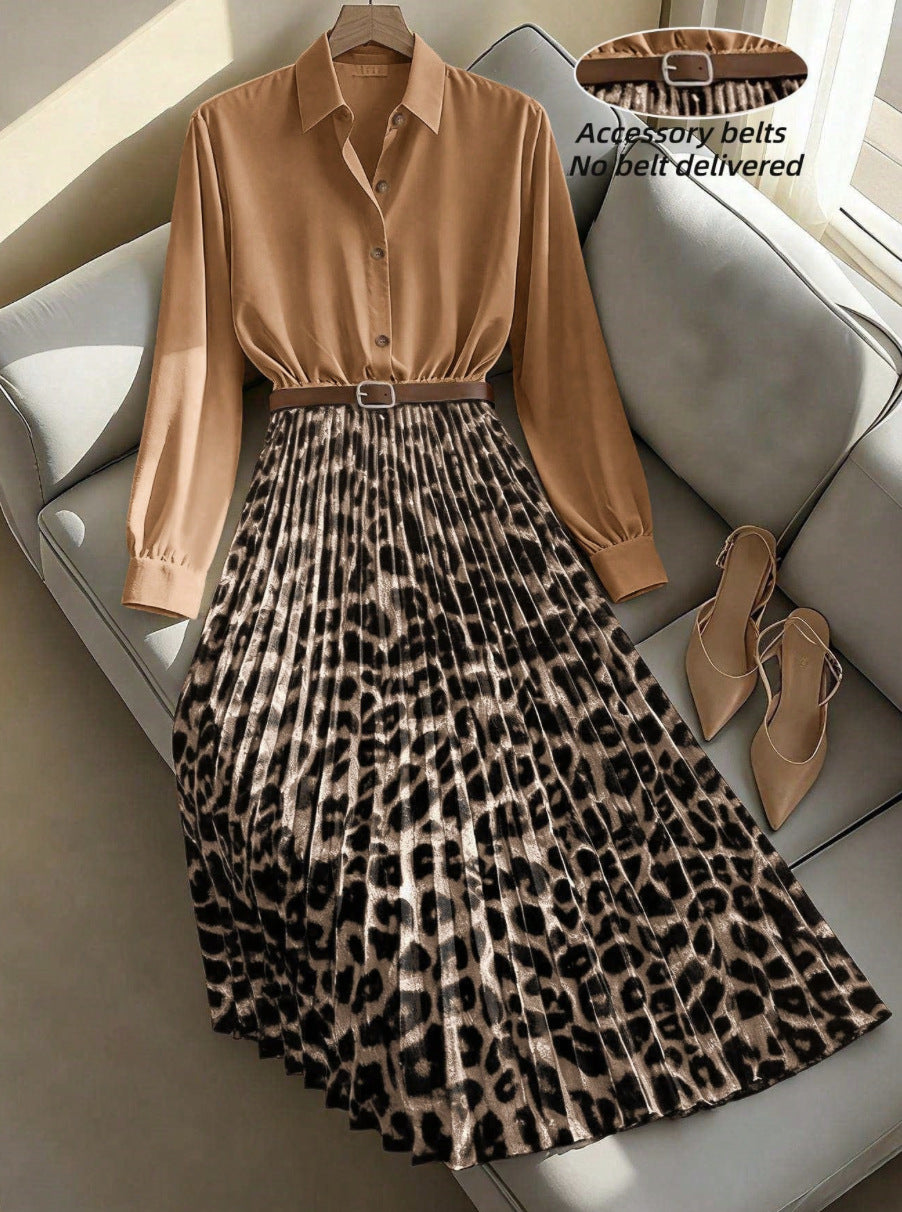 In-Stock 2026 New Cross-Border Dropshipping Women's Elegant Leopard Print Patchwork Pleated Skirt H Version Waist-Slimming Dress