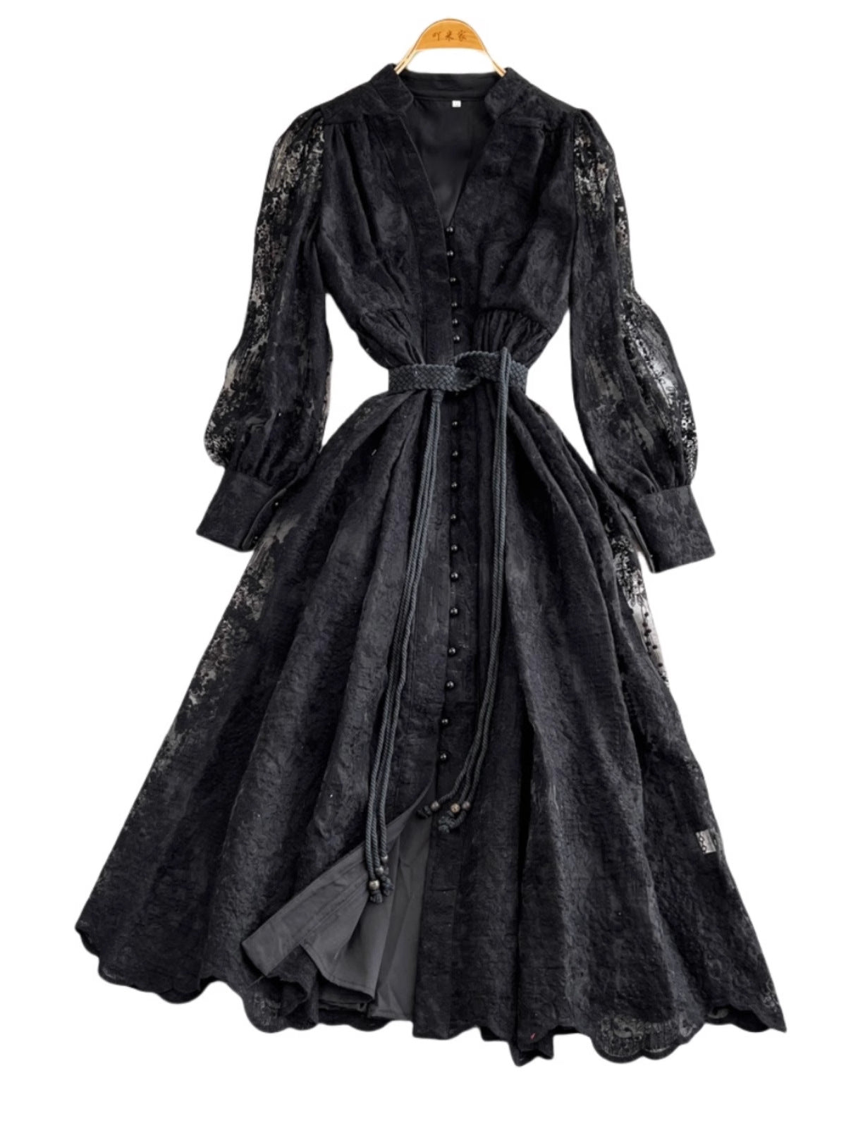 Cross-Border Export Women's Dress 2025 Autumn and Winter Waist-Cinching Heavy Embroidery V Neck Lantern Sleeve Single-Breasted Long Skirt