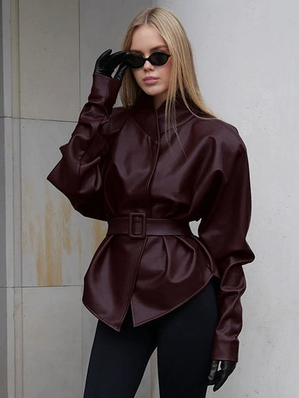 American Retro Burgundy Autumn and Winter Leather Jacket for Women, High-End Long-Sleeved Stand-Up Collar Belt, Waist Slimming Look Leather Jacket