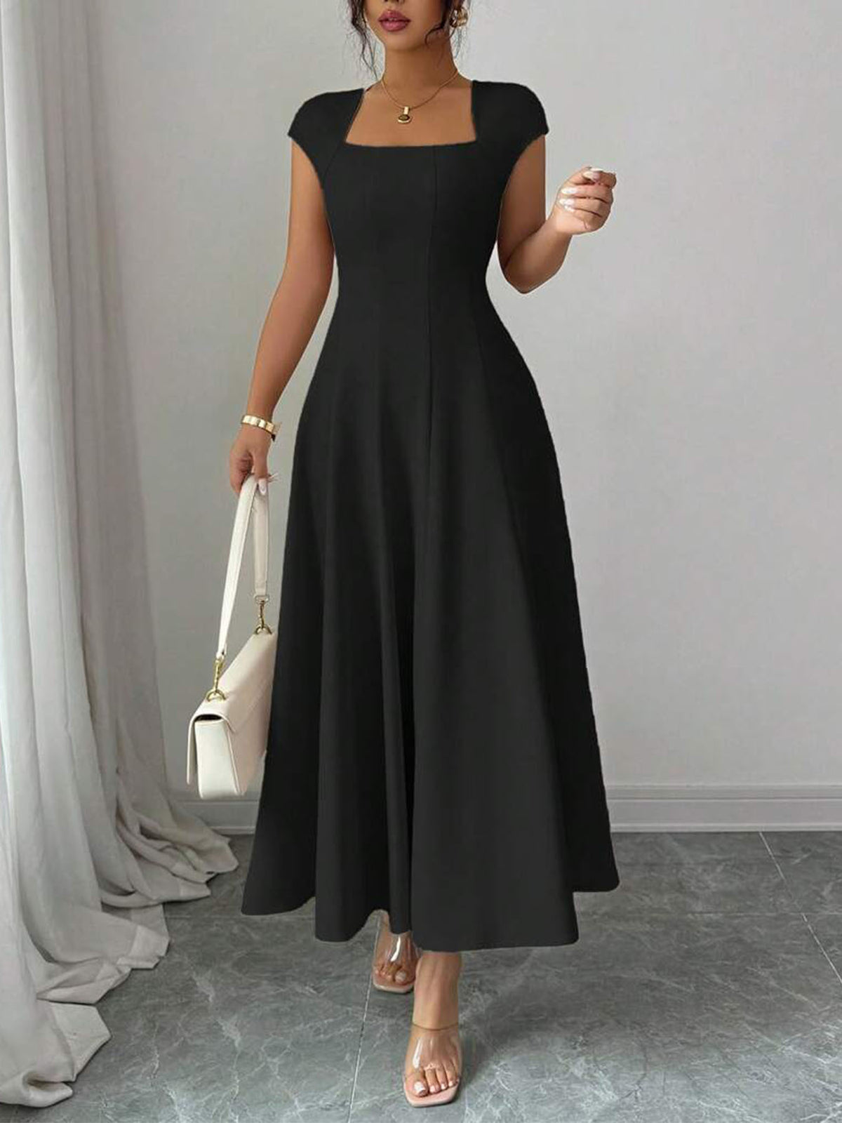 Elegant Square Neck Short-Sleeve Long Dress