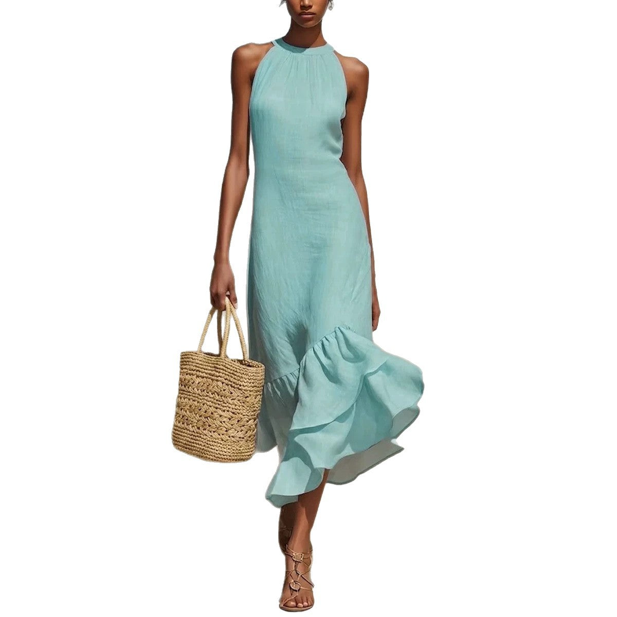 Disney-Inspired 2026 Summer European-Style Sleeveless Linen-Cotton Maxi Dress with Irregular Ruffle Fishtail Hem