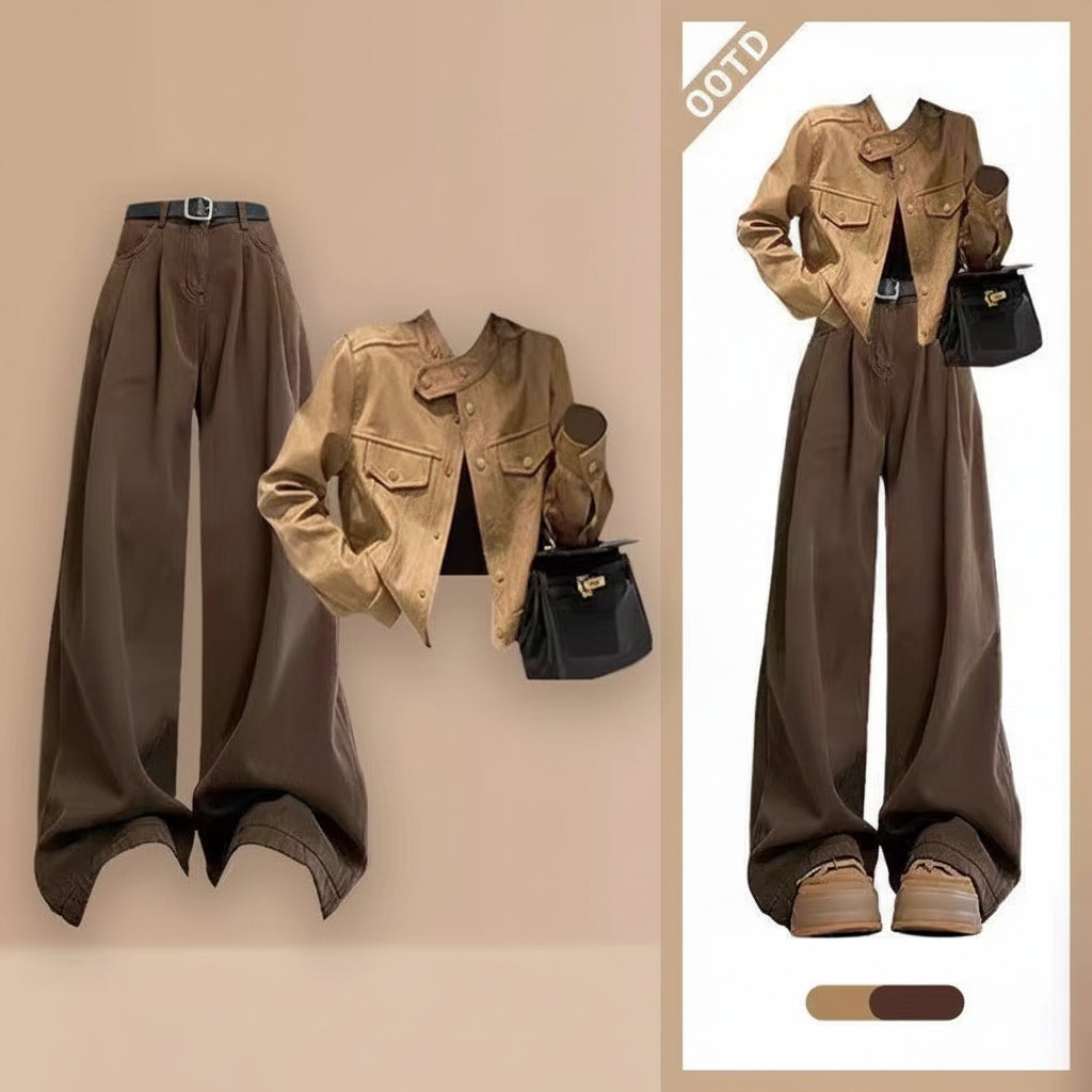 Sweet Cool Spice Girl Wear Women's Spring New High-end Temperament Short Jacket Loose Wide Leg Pants Two-piece Fashionable Set