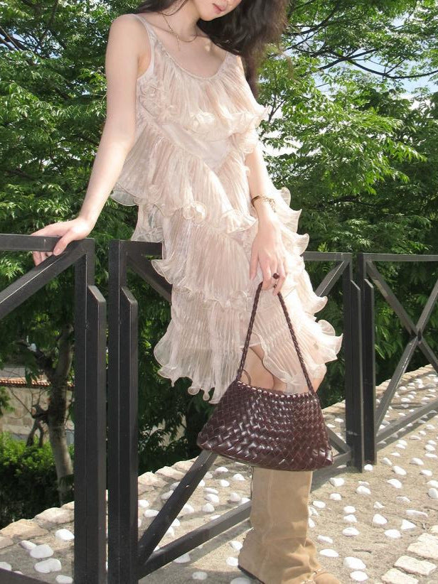 Song Weiyun-1 Roman Pinecone Pink-Toned Light Luxury Design Heavy-Duty Pleated Irregular Dress