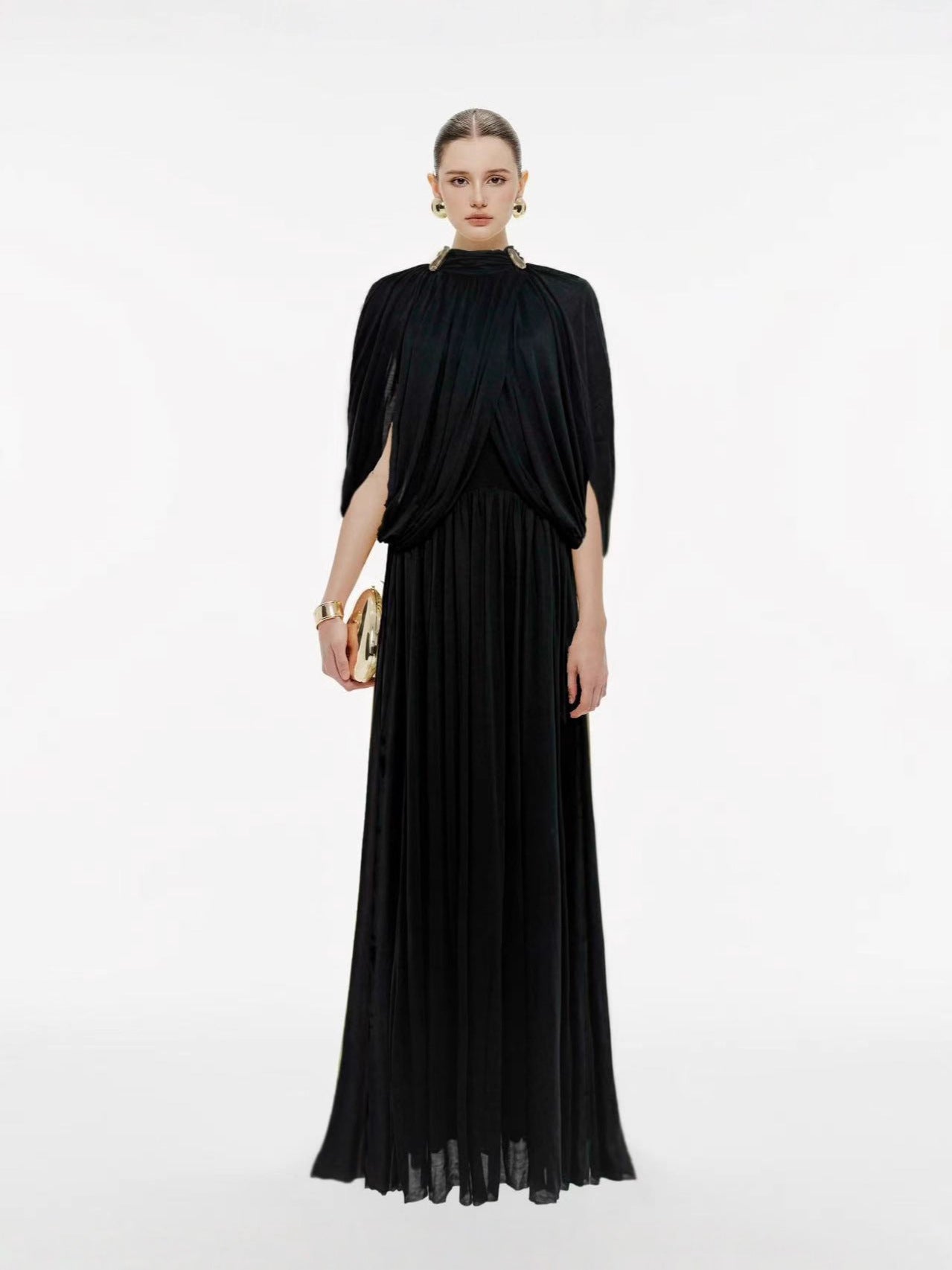 European and American Foreign Trade Cross-Border 2025 Autumn New Style Stand Collar Elegant Solid Color Pleated Knit Long Dress