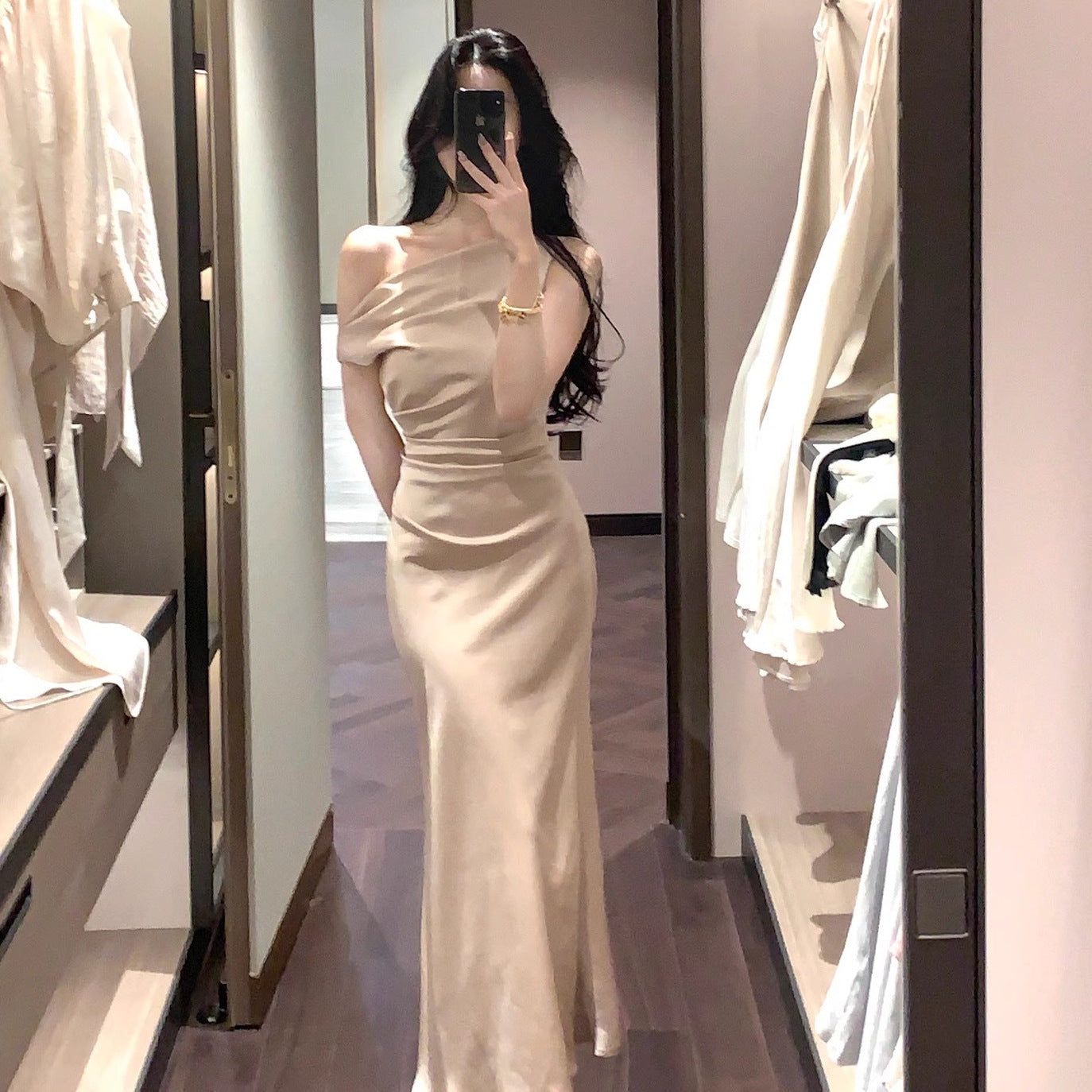 French-Style Elegant Satin Dress 2026 New Summer High-End Off-Shoulder Draped Collar Gown Mermaid Dress for Women