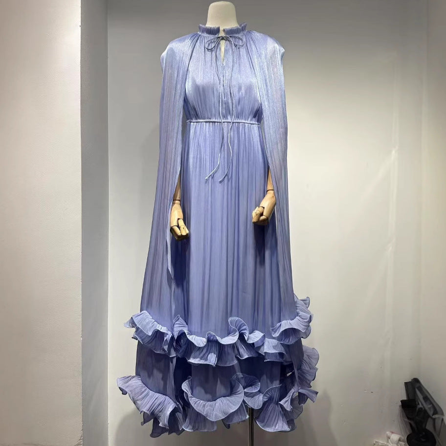 Australian Trendy Brand V-neck Vippet Style Wooden Edge Dress Women's Summer New Double-layer Hem Elegant dress