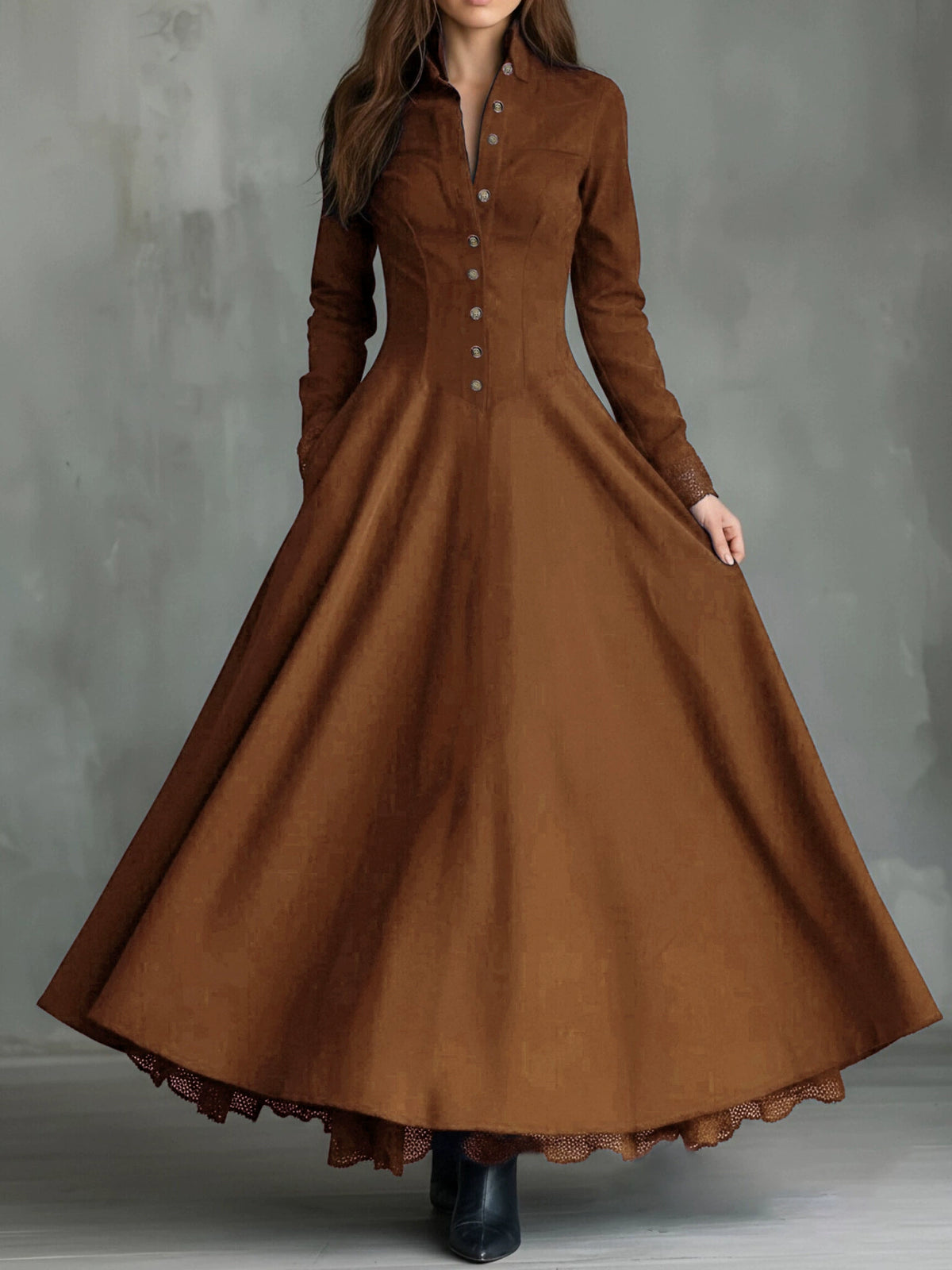 European and American Cross-Border 2025 Independent Site French Retro Style Faux Suede Lace Trim Patchwork Shirt Dress in Stock