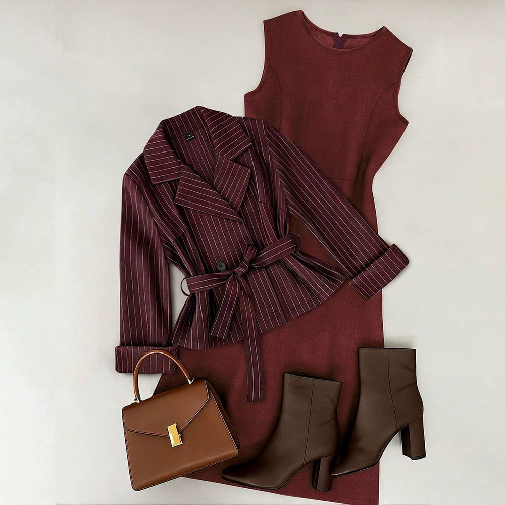 Cross-Border European and American Style 2026 Spring New Women's Two-Piece Set: Tie-Waist Blazer + Solid Color Skirt Set