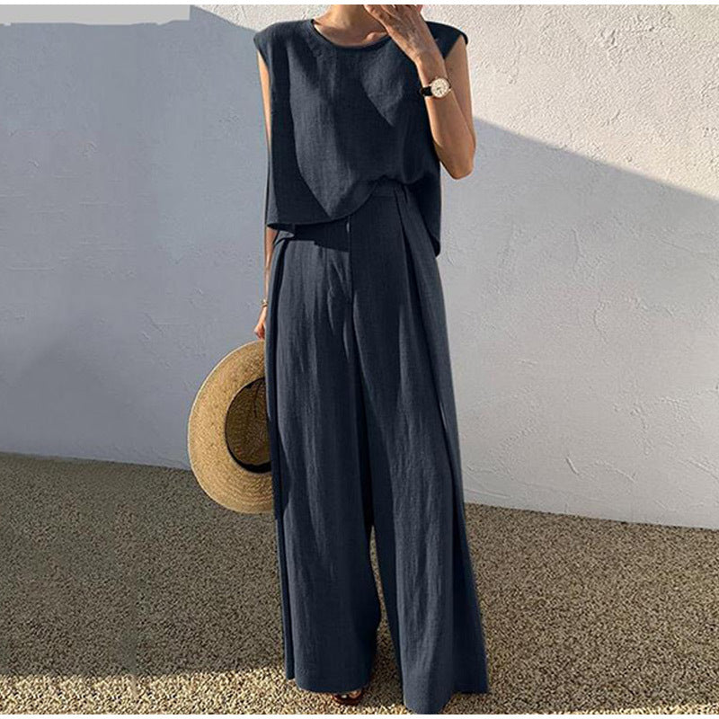 2026 Spring/Summer New Cotton and Linen Fashion Casual Loose Two-Piece Set Sleeveless Top and Loose Wide-Leg Pants for Women