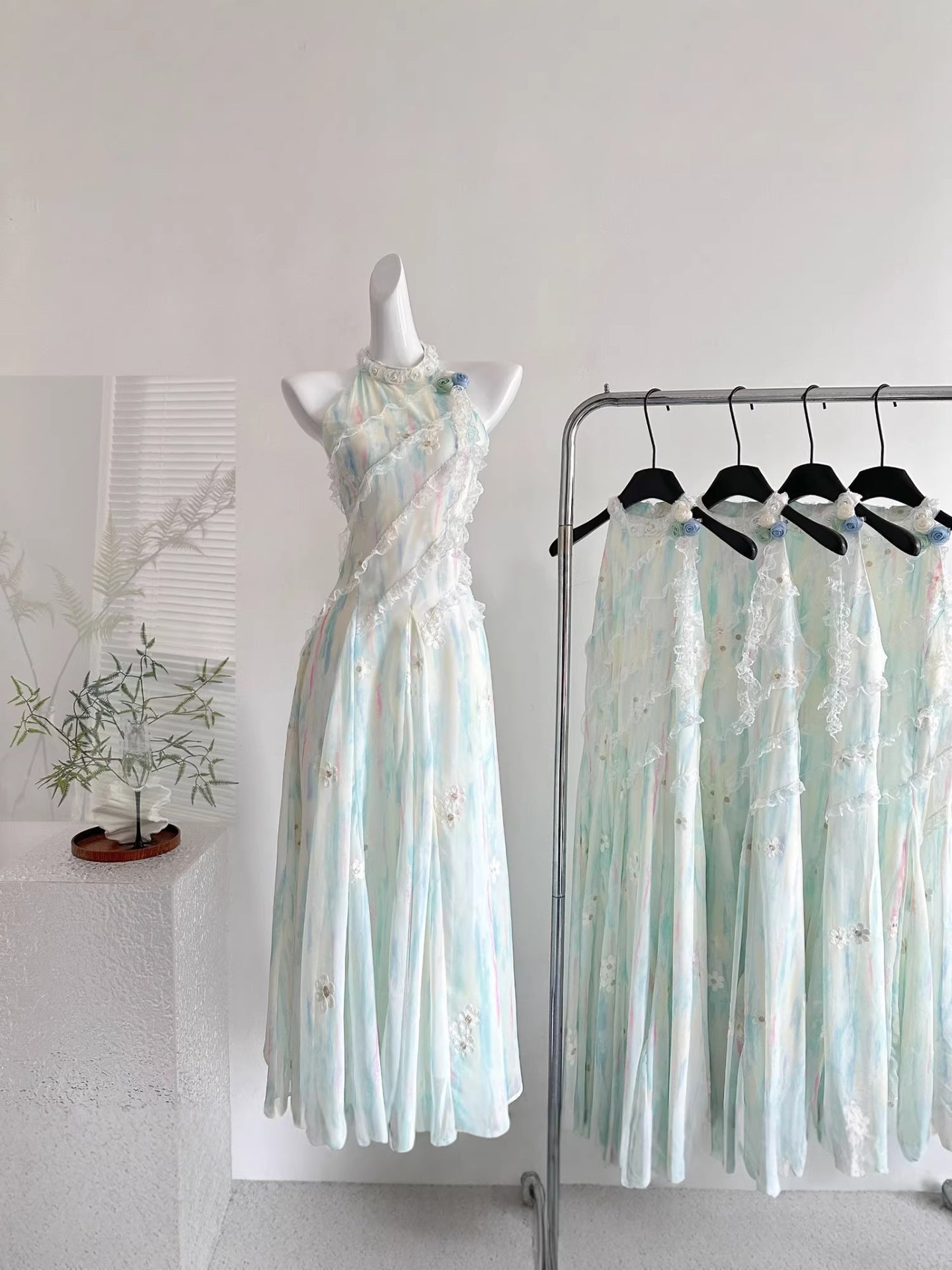 "Xinxing" Reese Jasmine Green Summer Fairy-Like Sweet Slimming Waist-Cinching Long Dress Vacation Style Slimming Dress