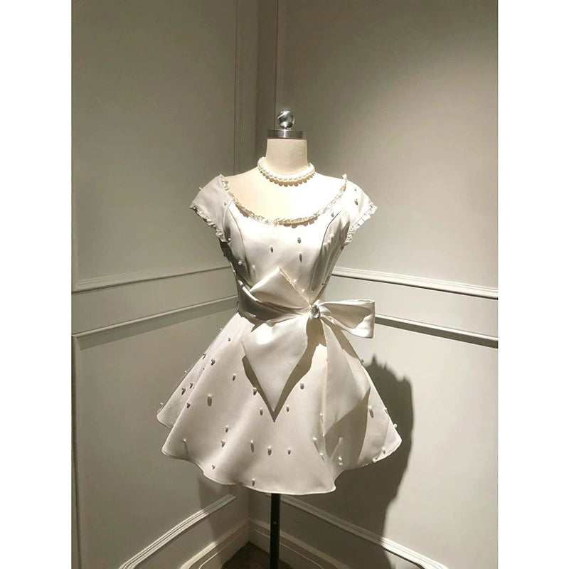 French High-End Light Luxury Pearl Bow Diamond Dress Women's Summer Temperament Princess Waist Puffy Skirt