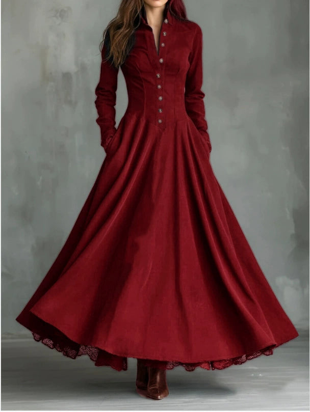 European and American Cross-Border 2025 Independent Site French Retro Style Faux Suede Lace Trim Patchwork Shirt Dress in Stock
