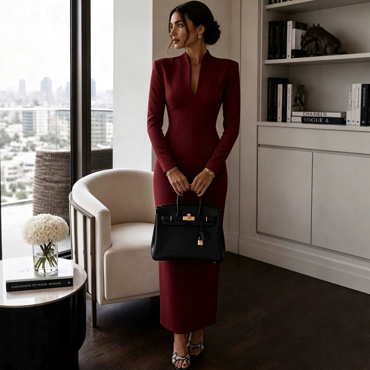 2026 Amazon Independent Station Cross-Border Stand Collar V-Neck Long Sleeve Waist-Cinching Bodycon Dress Gown Light Luxury