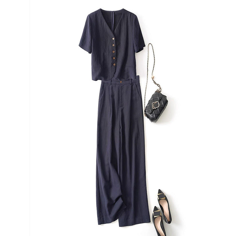 Enchanted Summer Elegance: A Timeless Old Money Two-Piece Set with Short-Sleeved Top and Wide-Leg Trousers