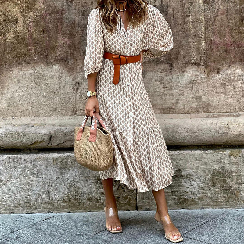 Fd1376 Spot 2025 Autumn and Winter New Cross-Border Fashion Belt Printed V Neck Simple Elegant Long Dress