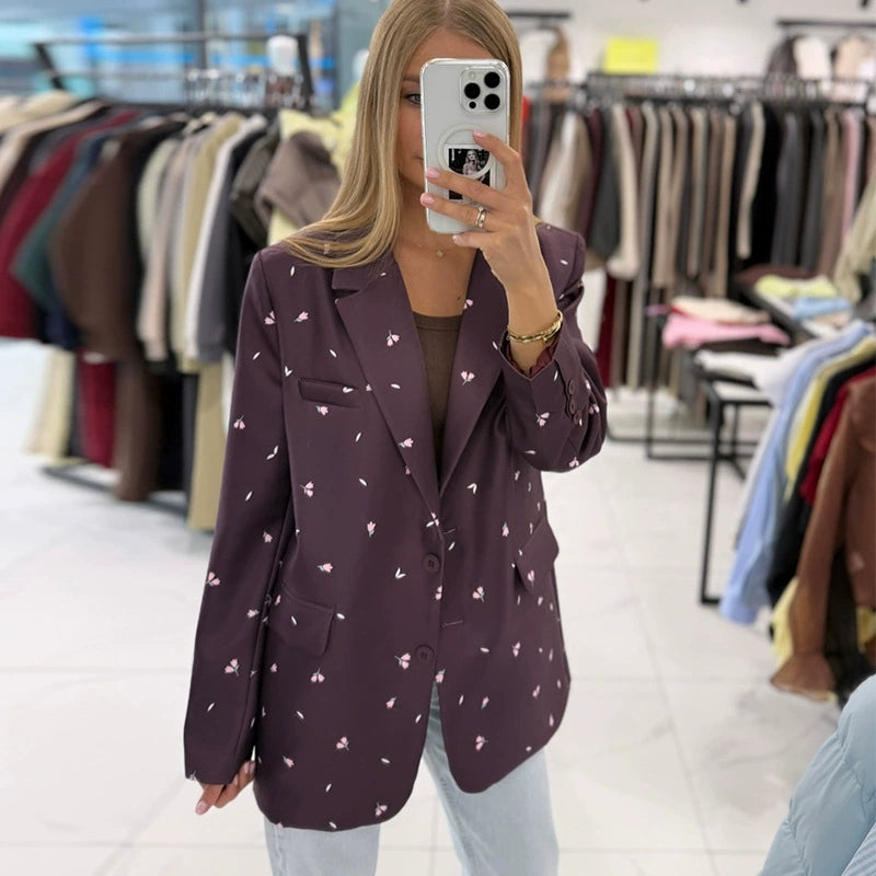 European and American Cross-Border Women's Clothing 2025 New Autum Fashion Sweet Floral Lace-Up Slim Long-Sleeved Suit Jacket Top